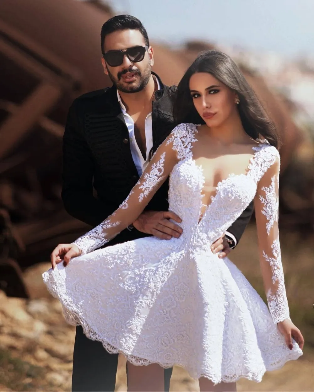 Moda Manga Longa Renda Vestido De Noiva Curto Branco 2021 Vestidos