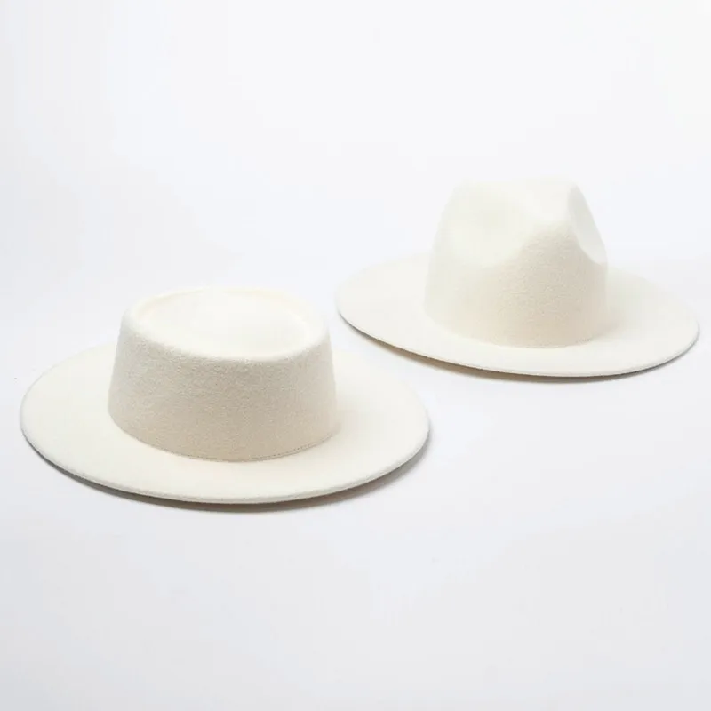 Kvinnor 100% ullfilthattar Vit brett Brim Fedoras för bröllopsfest Kyrka hattar Pork Pie Fedora Hat Floppy Derby Triby Hats Base Y200110