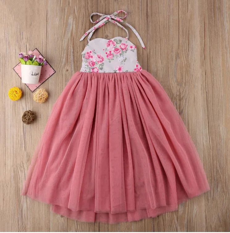 Nuevos vestidos Falda para niños Pink Lace Malla Larga Falda Flor Impresión Perspectiva Princesa Vestido Girl Kids Ropa