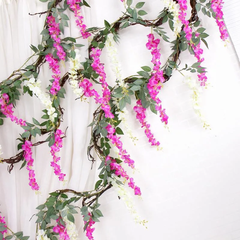 Decorative Flowers & Wreaths Wisteria Vine Artificial Garland Arch Wedding Decoration Fake Plant Foliage Rattan Trailing Home Wall Hanging D