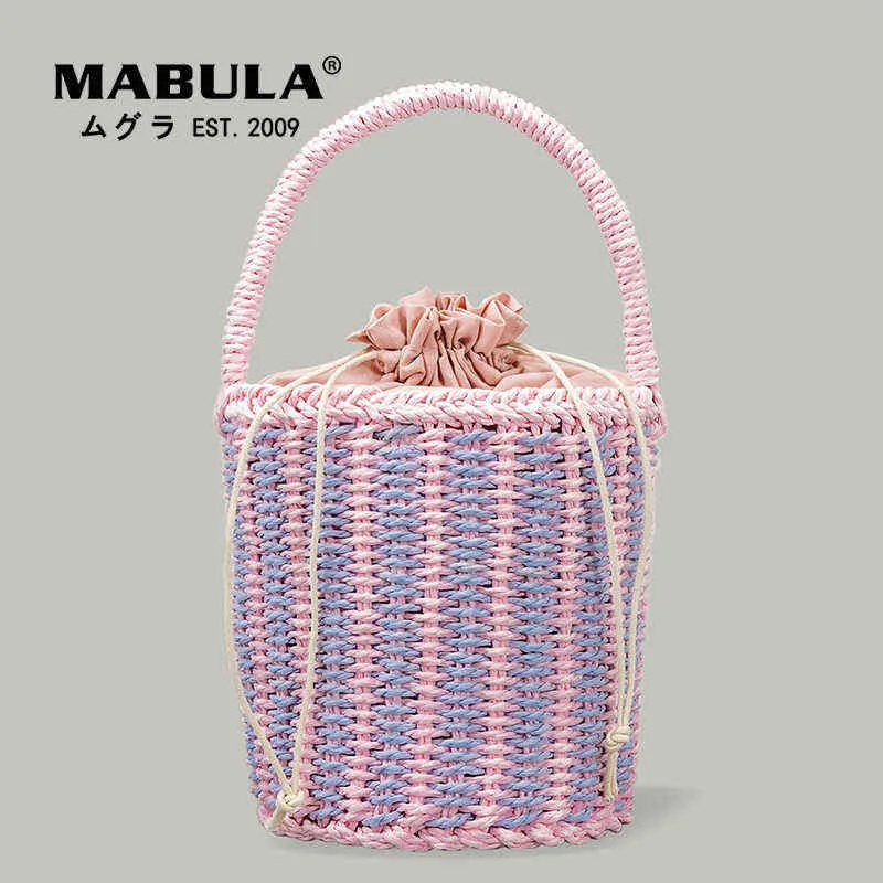 Shopping Bags Mabula Roze Gestreepte Handwoven Top Handvat Tassen Eco Stro Zomer Strand Handtassen Trekkoord Sluiting Telefoon Portemonnees 220303