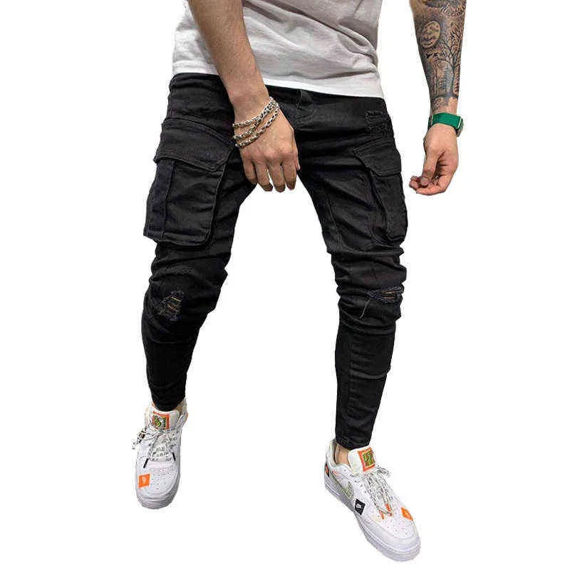 2021 Yeni Kargo Kot Erkekler Çok Cep Slim Fit Joggers Pantolon Erkek Yırtık Delik Motosiklet Streetwear Siyah Denim Kalem Pantolon G0104