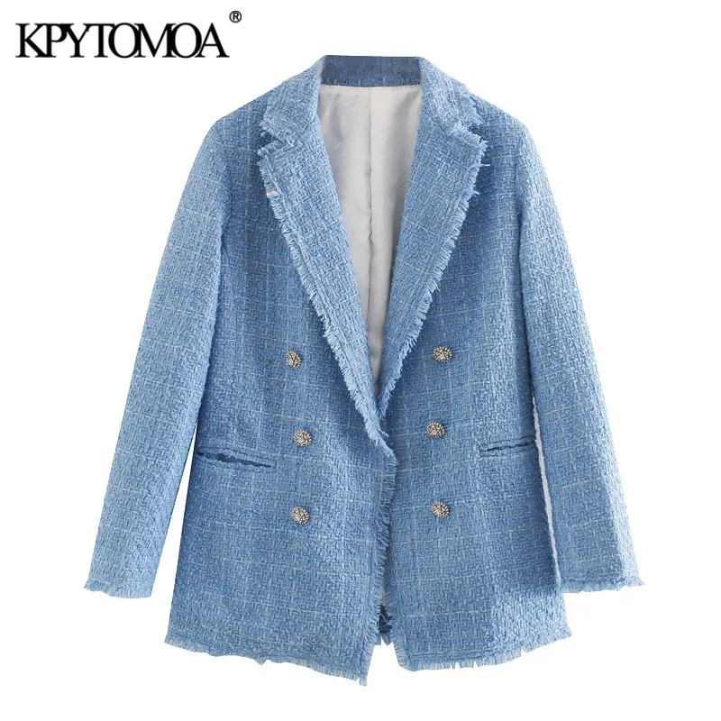 KPYTOMOA 여성 패션 오피스 착용 더블 브레스트 트위드 블레이저 코트 빈티지 긴 소매 닳은 여성 겉옷 세련된 탑스 201114