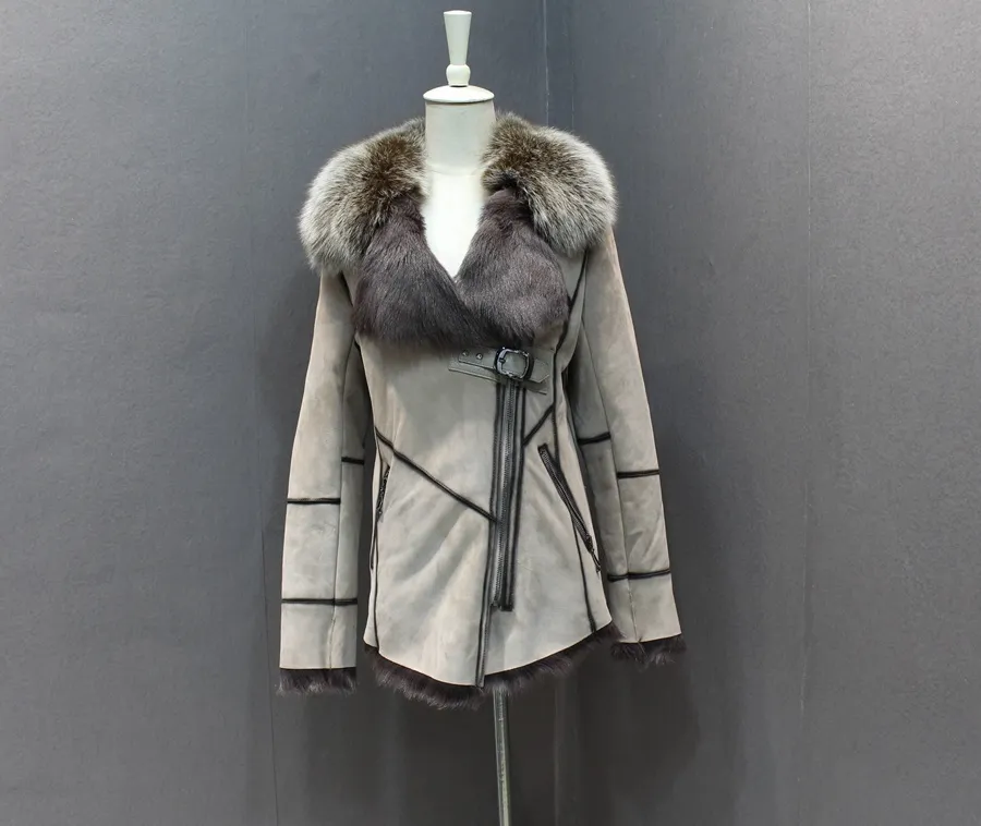 100% genuine sheepskin leather with fur coat slim with fox fur collar (11)