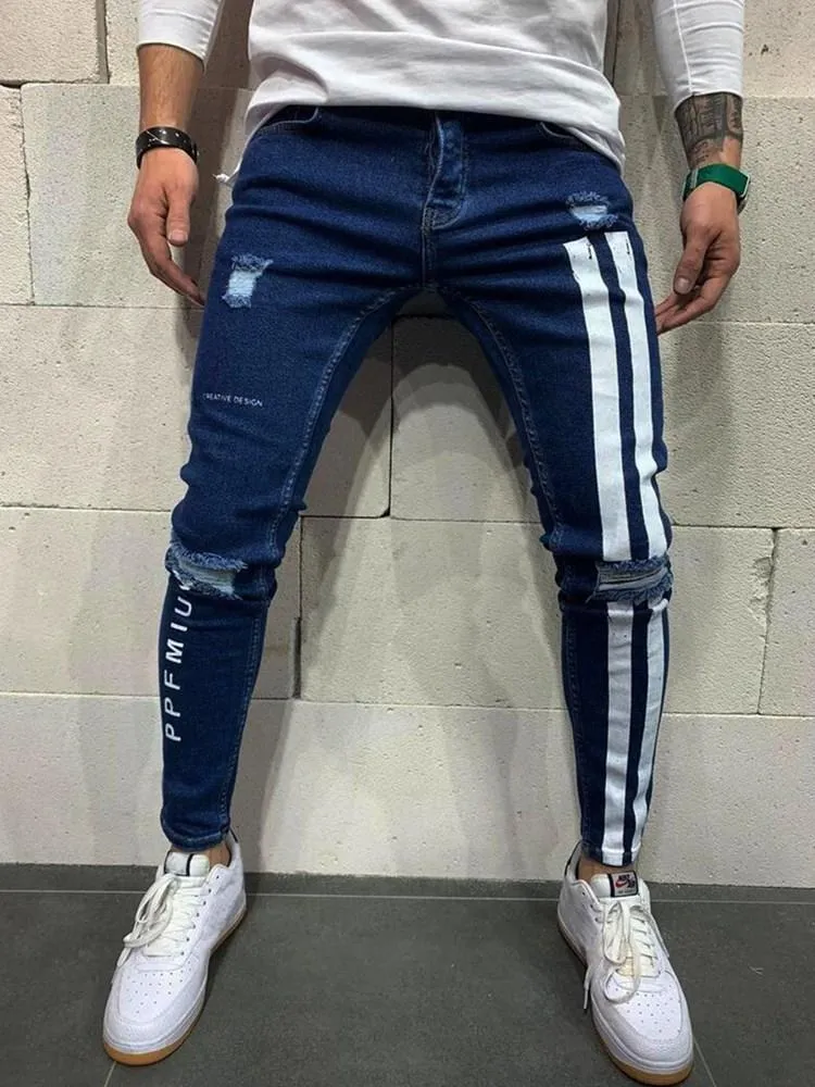 xisibeauty Men s Jeans Men Skinny Striped Zipper Denim Hole Wash Vintage Hip Hop Work Trousers Slim Printed European Big Size Clothing