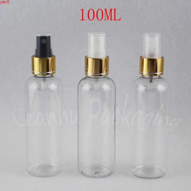 100ML زجاجة بلاستيكية شفافة مع مضخة رذاذ الذهب، 100cc حاوية مستحضرات التجميل الفارغة / تغليف المياه Veryhigh Quality