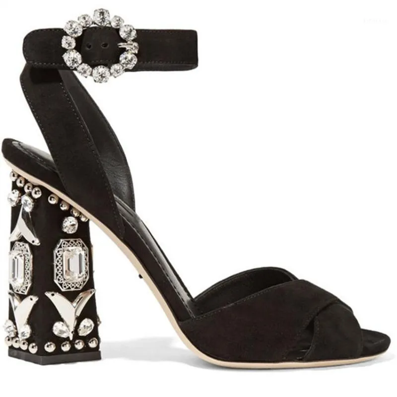 Elbise Ayakkabı US4-11 Bayan Peep Toe Rhinestones Kristal Blok Yüksek Topuk Pompaları Süet Deri Ayak Bileği Toka Artı Boyutu Siyah Roma C608