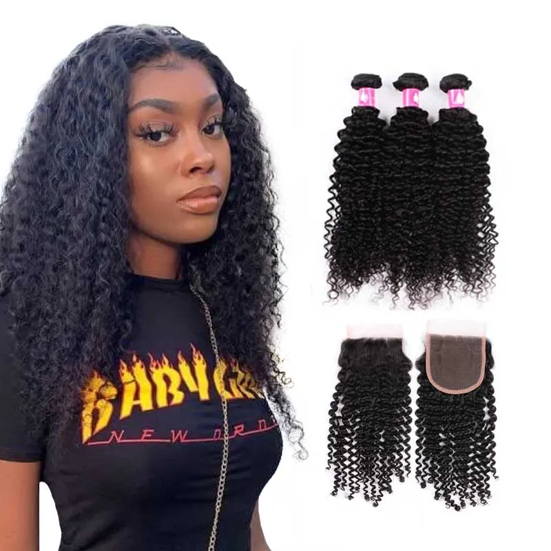 10A Deep Curly Virgin Brazilian Hair Bundles With 4X4 5x5 Hd Skinlike Lace Closure Unprocessed Human Hair Weaves With Closure 1B Black Soft Hair Weft