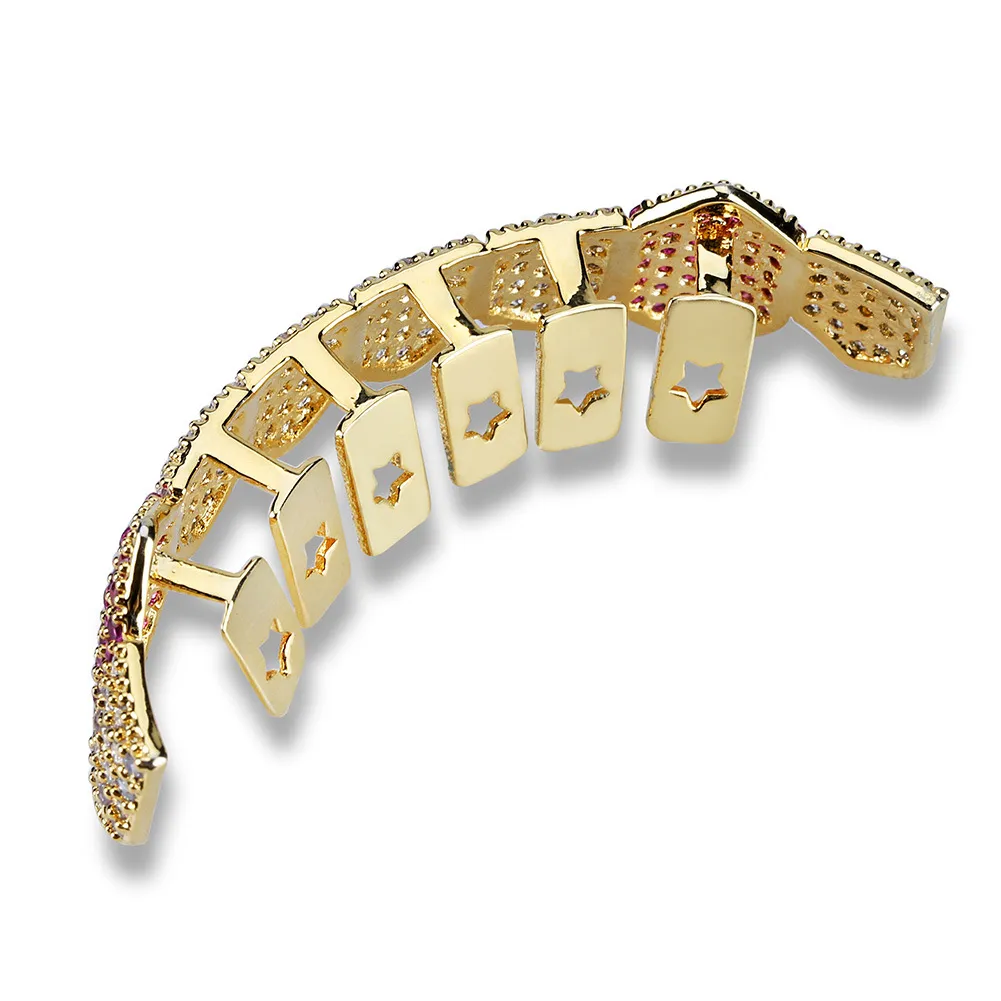 Hip Hop Hipsters Diamond Dientes Grillz 8-tooth Micro-inlaid Zircon Single Row Lower Teeth Grillz Caps Top Bottom Grill Set Men Women Grills