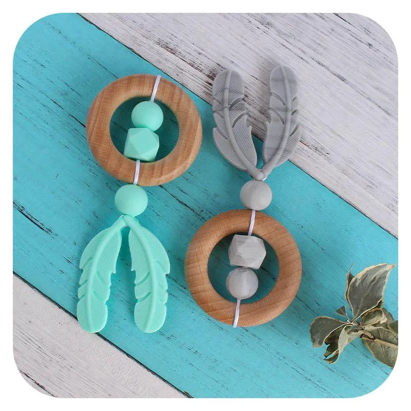 New DIY feather Baby Teether Rings Wooden Bead Newborn Silicone teethers Baby Chew Toys Wood Teething silicone Infant Teethers