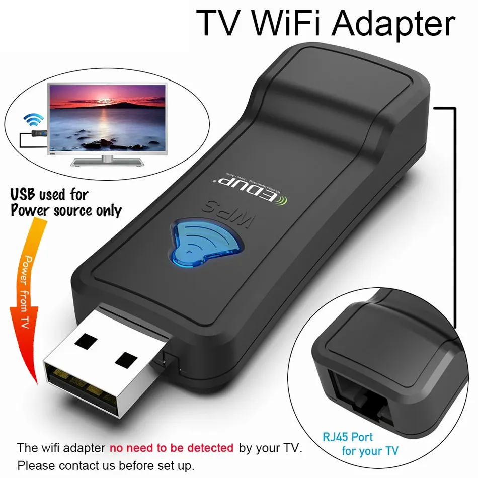 محول EDUP TV USB WIFI 300MBPS 2.4GHz Wireless Wi-Fi Range موسع مع محولات بورت LAN