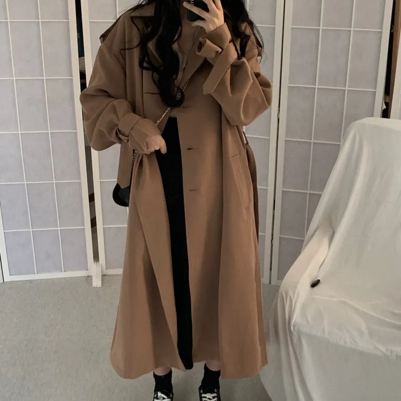 Mode Koreansk Ol Kvinnor Trench Coat Elegant Loose Long Overcoat Vintage Casual Female Windbreakerwomen's Kläder Höst T200828