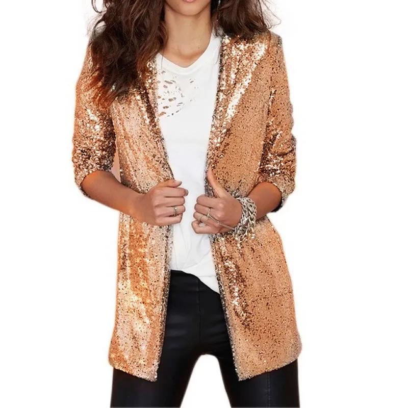 Chic Sequined Women Blazer Gold Silver Jackor Vinter Höst Cardigan Kvinna Retro Ol Suits Coat Feminino Blazers OuterWear 201201