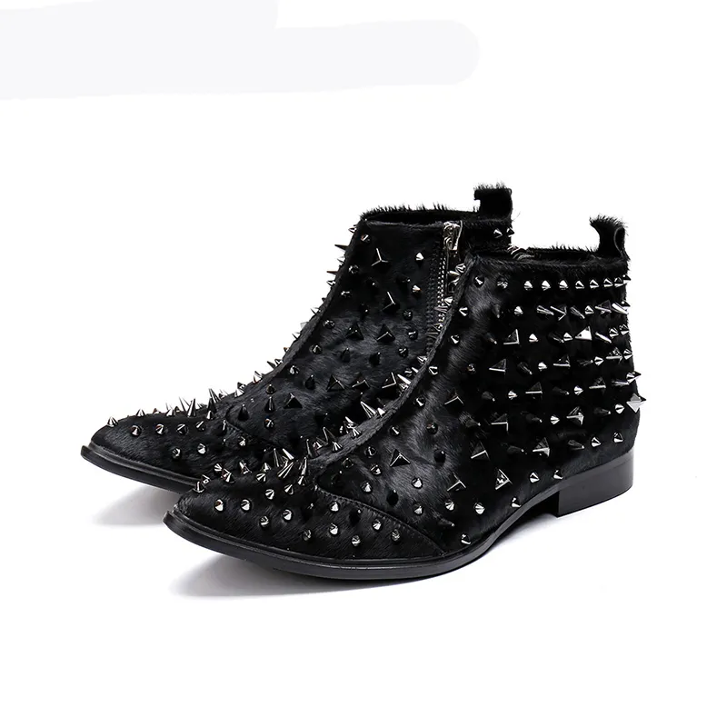 Рок мужские ботинки Western Knight Black Happy Hair Bootle Boots Мужчины с серебряными заклепками Безопасные ботинки Военные шипы мужчины Ботас