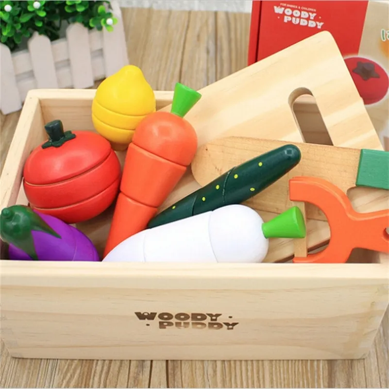 Montessori قطع الفواكه والخضروات ألعاب خشبية الكلاسيكية لعبة محاكاة المطبخ سلسلة اللعب التعليم المبكر هدية لعب منزل لعبة LJ201009
