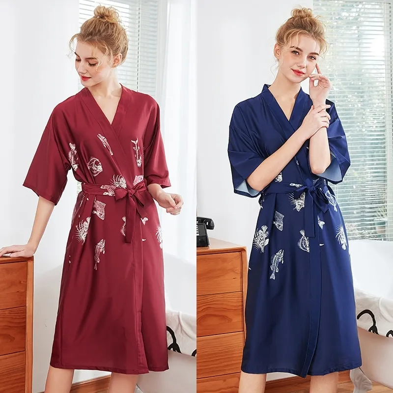 Mulheres Seda Sexy Kimono Bathrobe Joelho Comprimento De Promoção De Pesque Bonito Banheira Banho Robe Noiva Vermelha Roupa Vestido Para O Casamento Sleepwear 210203