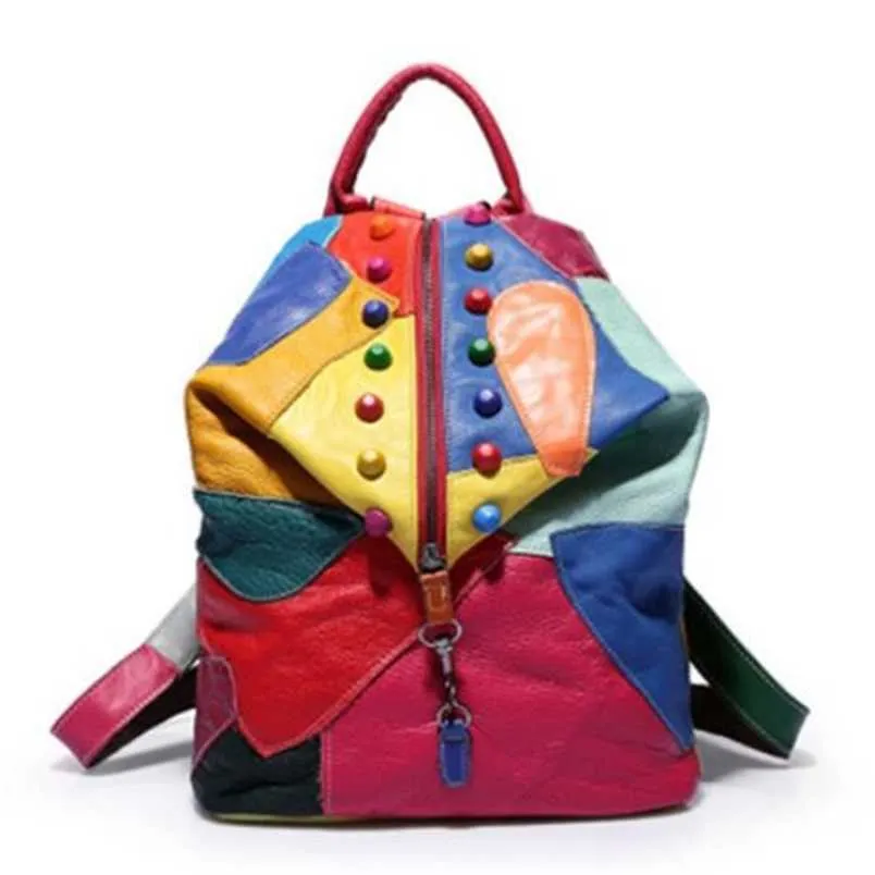 Leder Marke Retro Rucksack Aus Echtem Schaffell Dame Rucksack Designer Reise Bunte Patchwork Luxus Shopper Tasche Mochila 202211