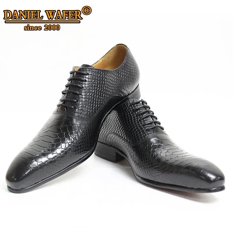 Men Oxford Shoes Snake Skin Prints Classic Style Dress Leather Shoes Coffee Black Lace Up Pointed Toe Formal Shoes Men