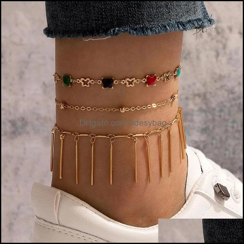 Anklets Jewelry Colorf Star Drip Oil Gold For Women Charms Alloy Metal Tassel Foot Chain Bohemian 3Pcs/Sets Drop Delivery 2021 Rmv3K