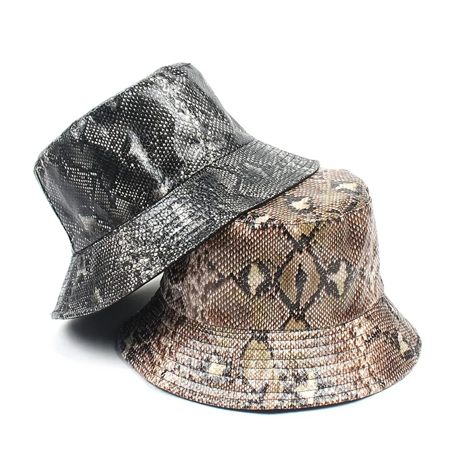새로운 PU 뱀 패턴 어부 뚱뚱한 유니섹스 패션 힙합 양면 양동이 양면 양동이 모자 여성 여행 그늘 모자