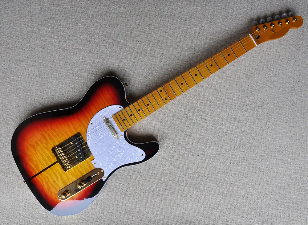 6 Strings Tobacco Sunburst Elektrische gitaar met Dog Signature, Quilted Maple Fineer, Gele Maple Fretboard, kan worden aangepast