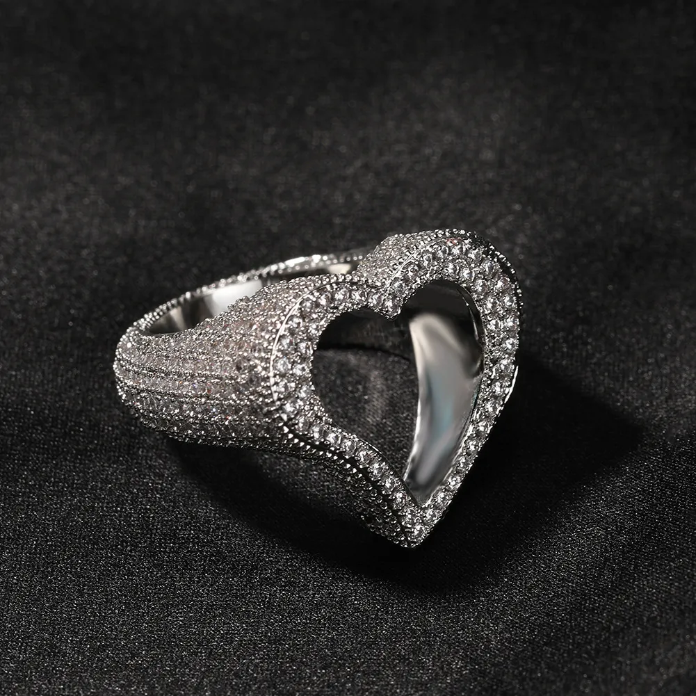 Bague en or glacé pour hommes, pierres de cœur à la mode, bagues en argent, bijoux Hip Hop