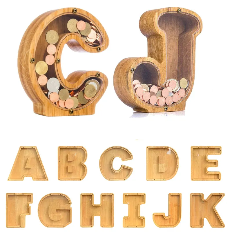 Gepersonaliseerde Houten Letter Piggy Bank Novelty Items Transparent Coin Opbergdoos Woondecoratie Ambachten Ornamenten