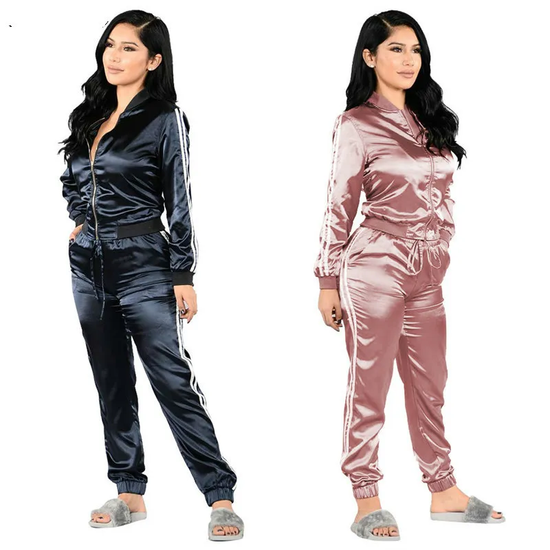 Zweiteilige Sets Frau Satin Trainingsanzüge Langarm O-Ausschnitt Top + Lange Hose 2 Set Schwarz Rosa Trainingsanzüge Trainingsanzug T200702