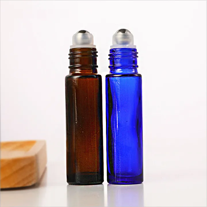 DHgate 5ML 10ML Bottiglia di rullo per olio da massaggio con siero per occhi di vetro spesso sottile blu ambrato con sfera in metallo inossidabile Rullo vuoto per aromaterapia su bottiglia di vetro Freeship