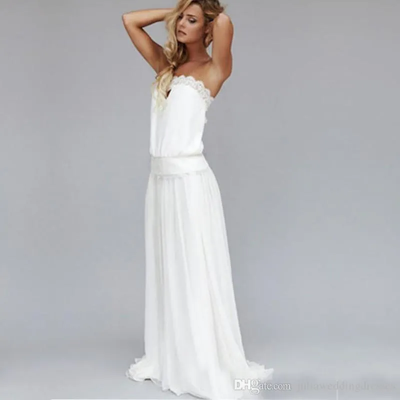 Elegant White 2021 Sexy Beach Wedding Dresses Strapless Backless Lace Ribbon Wedding Party Bridal Gowns QC145