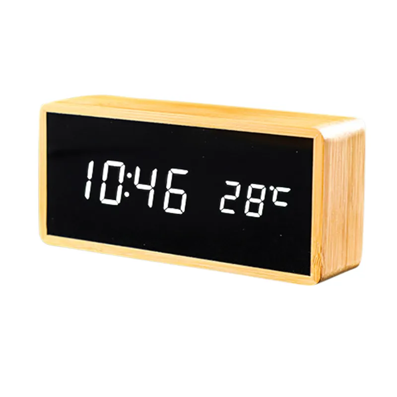 100% Bambu LED Alarm Clocks Temperatura Umidade Multifuncional Digital Snooze Relógio Voz Controle de Voz Sala de estar Decoração LJ200827