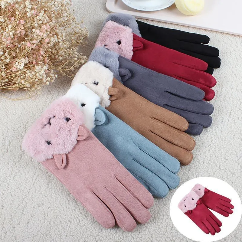 Cinq doigts gants dames mode hiver mignon peluche épaissir coupe-vent neige sports de plein air chaud épais doigt complet