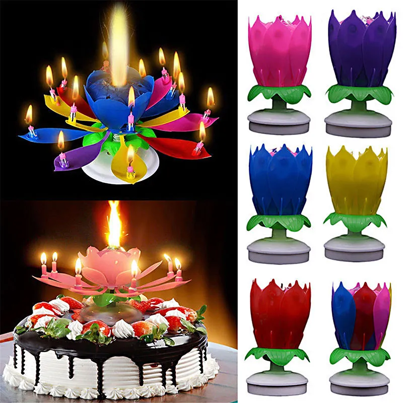 Candela musicale di compleanno Torta di compleanno Topper decorazione Candele di fiori di loto Blossom Candela rotante rotante