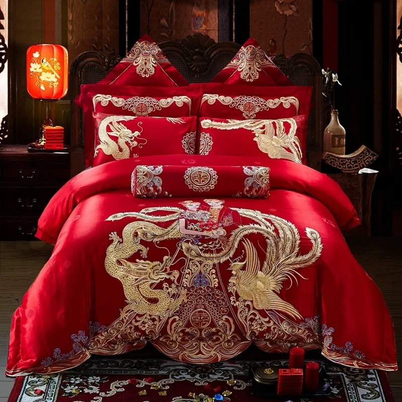 Super Luxury Red Wedding Biancheria da letto di cotone Set Golden Phoenix Dragon Dragon Ricamo Cover Duvet Letto Lenzuolo Pedspread Pillowcase 4/6 / 9pcs T200706