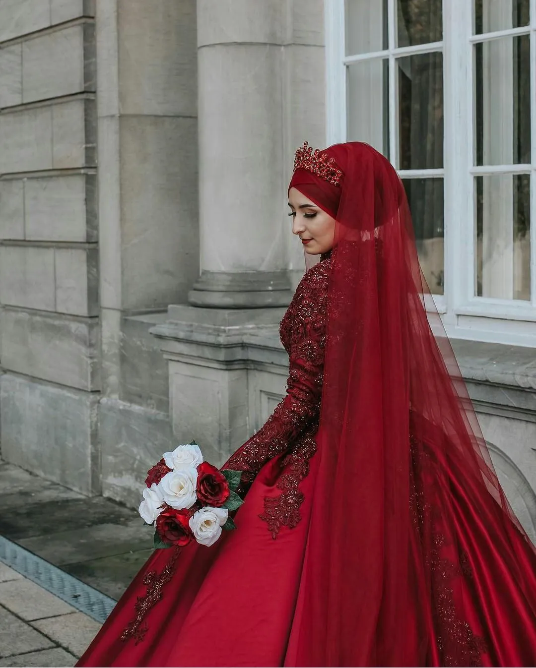 hijab wedding dress red Luxury Claret Red Muslim Fashion Wedding Dress 22633BR