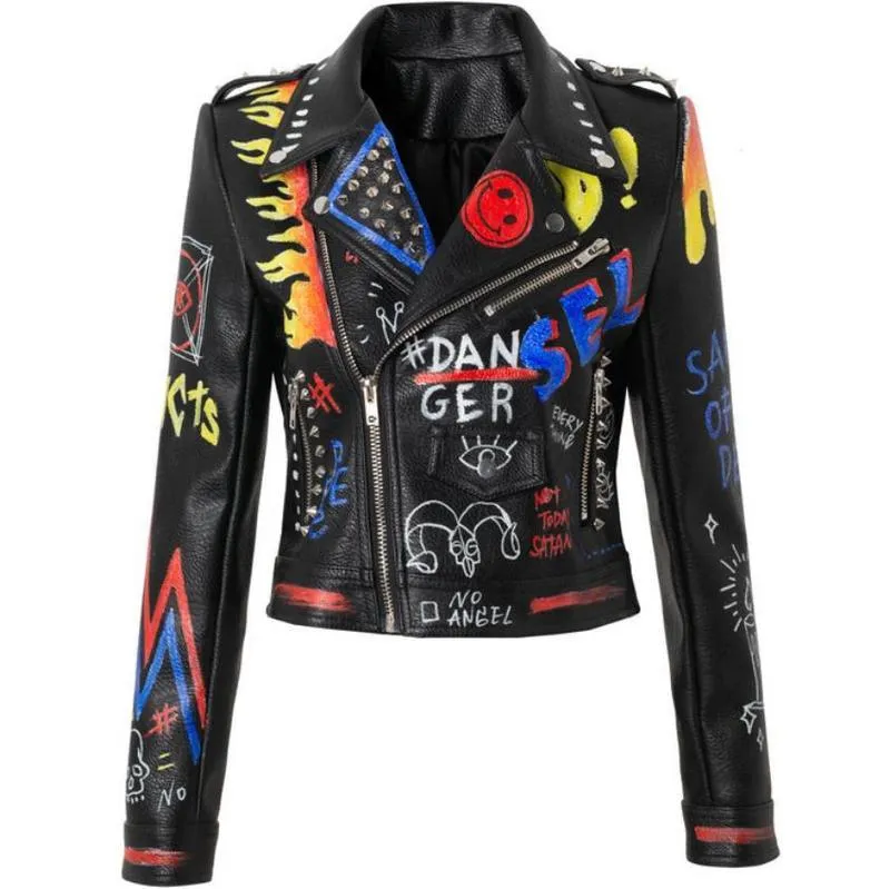 Colorful Graffiti Rivet Beading PU Leather Jacket For Women PUNK Streetwear Biker Leather Coat Women From Lian03 69.83 DHgate.Com