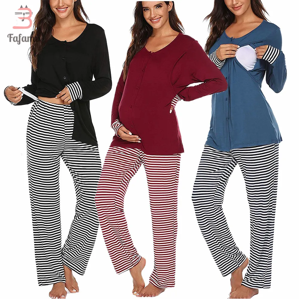 Abbigliamento premaman Allattamento Pigiama Set T-shirt a maniche lunghe Top Pantaloni a righe Allattamento al seno Pigiama da ospedale Comodo casa LJ201118