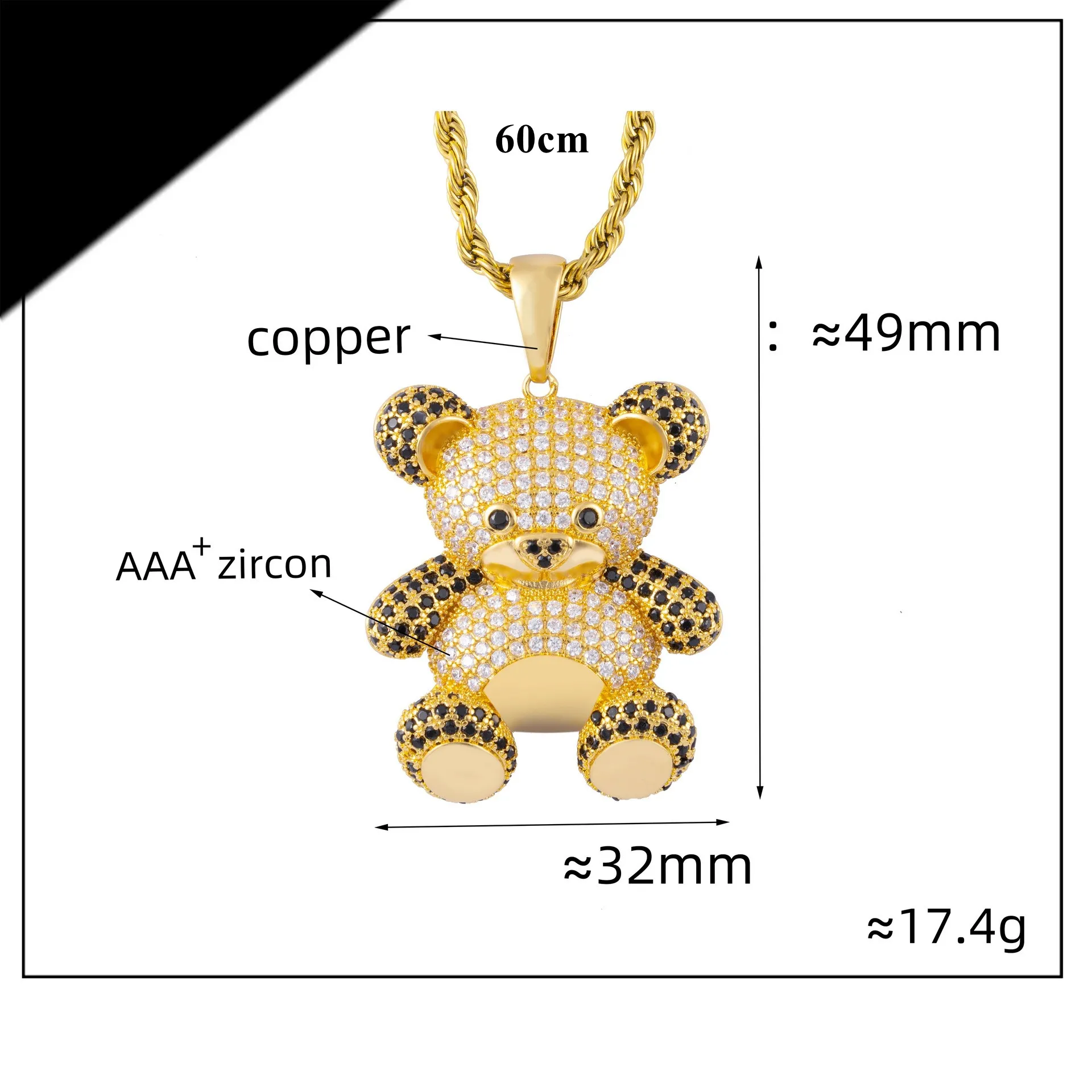 INS Hip Hop Necklace 18k Gold Plated Full CZ Bear Pendant Necklace with Rope Chain Necklace for Men Women Gift295Y