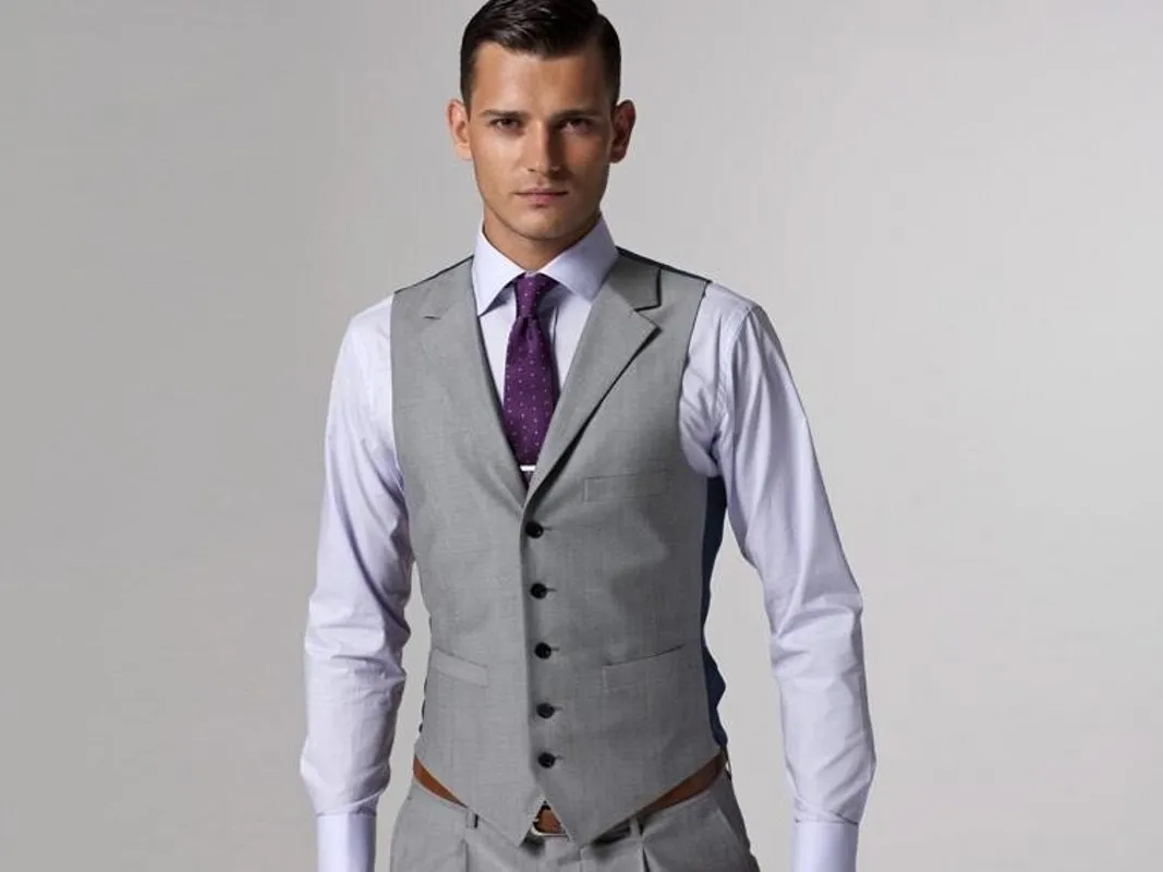 Handsome Light Grey Formal Män Waistcoat Slim Passar Fashion Groom Västar Casual Work Business Vest No: 88