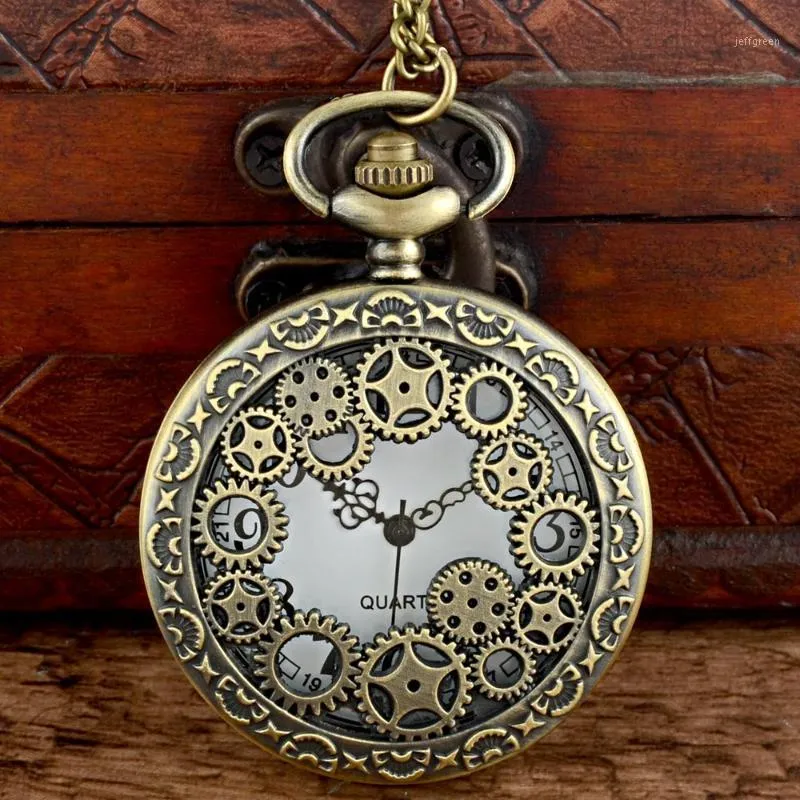 جيب الساعات الكلاسيكية خمر البرونزية steampunk والعتاد الكوارتز ساعة مع سلسلة ريترو الرجال النساء الشرير قلادة قلادة ساعة هدية 1