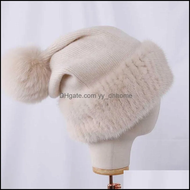 Top Quality Women`s Winter Kniited Wool Belend Patchwork Real Mink Fur Hat Cap Natural Fur Pom Poms Beanie Lady Fashion 211228