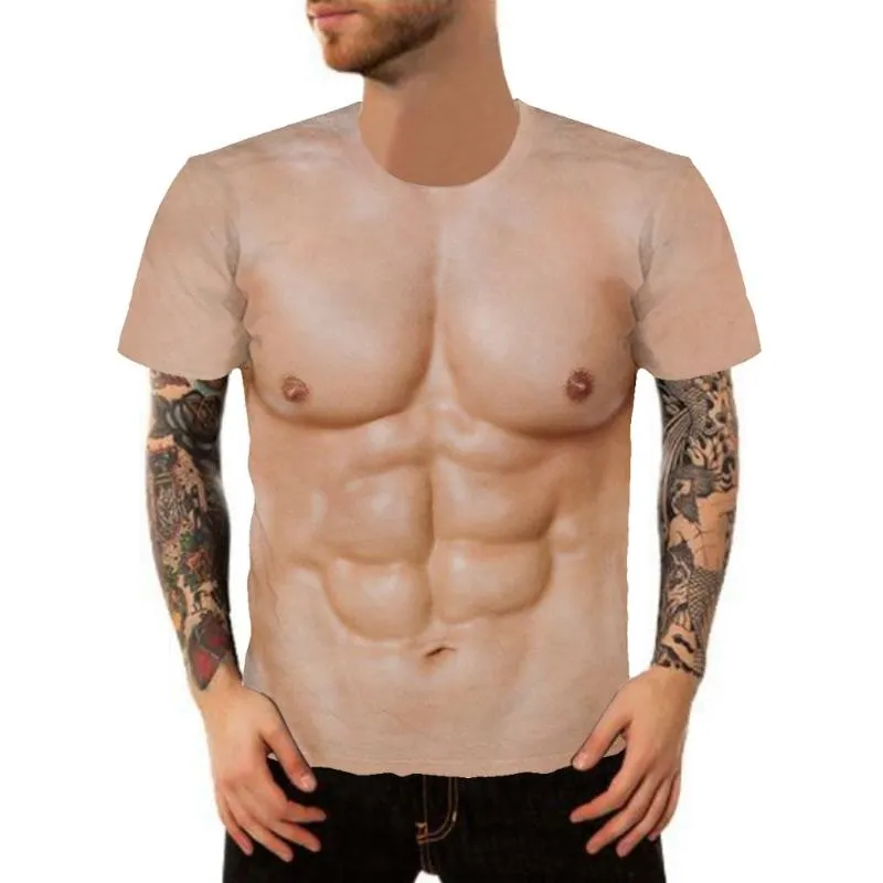 3d realista músculos no peito impresso t-shirts homens casual de fitness  manga curta algodão respirável