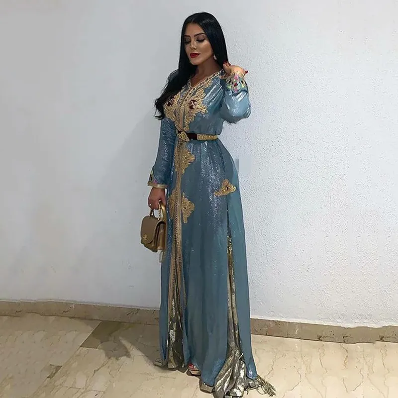 2020 sale bleu marocaine kaftan dentelle bal bal promenaire robes de soirée veau à manches longues robe de fête musulmane longue Dubaï occasion spéciale robes