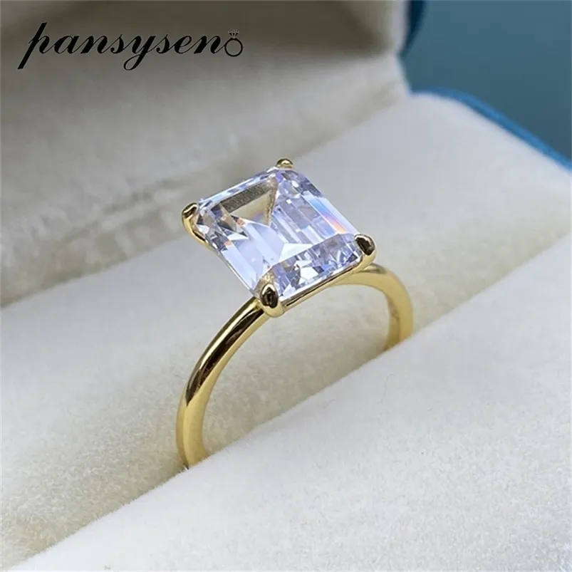 Pansysen Weiß / Gelb / Rose Gold Farbe Luxus 8x10mm Smaragd Cut AAA Zirkon Ringe für Frauen 100% 925 Sterling Silber Feinschmuck 220211