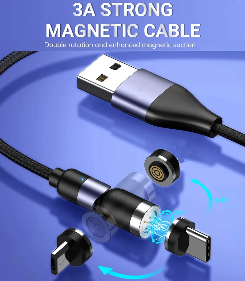 1M 2M 540 Degree Cable 3A Fast Charging Micro USB Type C Cable