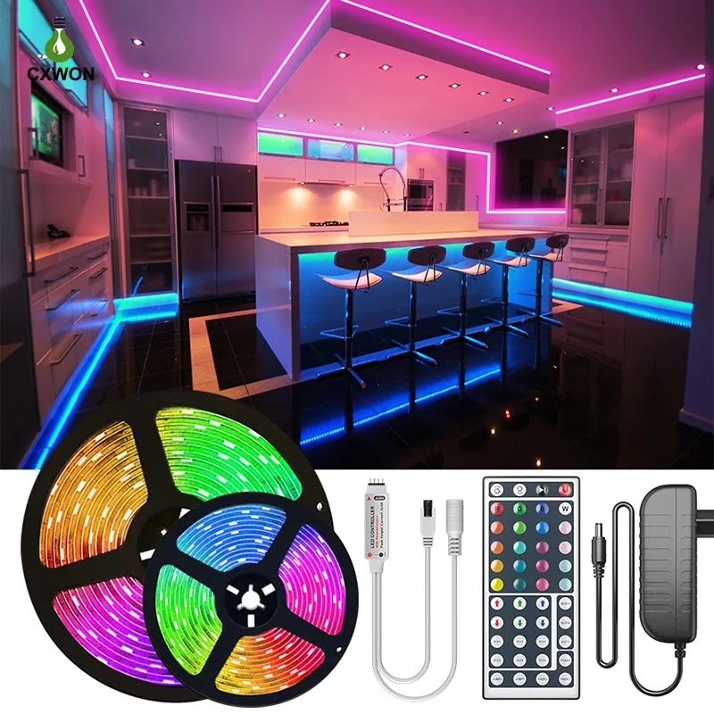 드롭 선 LED 스트립 16.4ft 32.8ft 49ft 65ft RGB 스트립 라이트 DC12V 5050SMD 어댑터가있는 LED 조명 및 44keys IR 컨트롤러