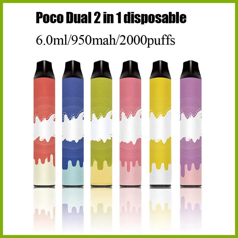 POCO Dual 2 in 1 2000 Züge Einweg-Vape-Pen mit 6,0-ml-Pod und 950-mAh-Vape-Batteriezelle, DHL-frei