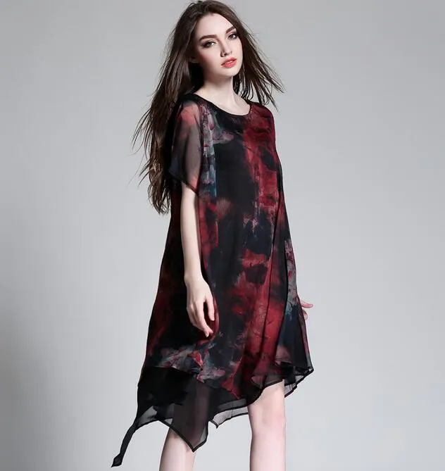 6166# Nouvel été femmes robe de style de mode européenne col rond manches courtes impression irrégulière en mousseline de soie tenue décontractée café/rouge XL XXL