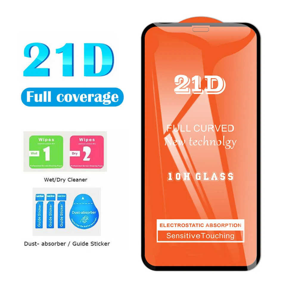 21D Screen Protector Gehard Glas Voor iPhone 14 13 Pro Max 11 Pro 10H Glas Gevoelige Aanraken Cover Edge Fit Voor Samsung A21s A71 Huawei P40 Lite in Doos