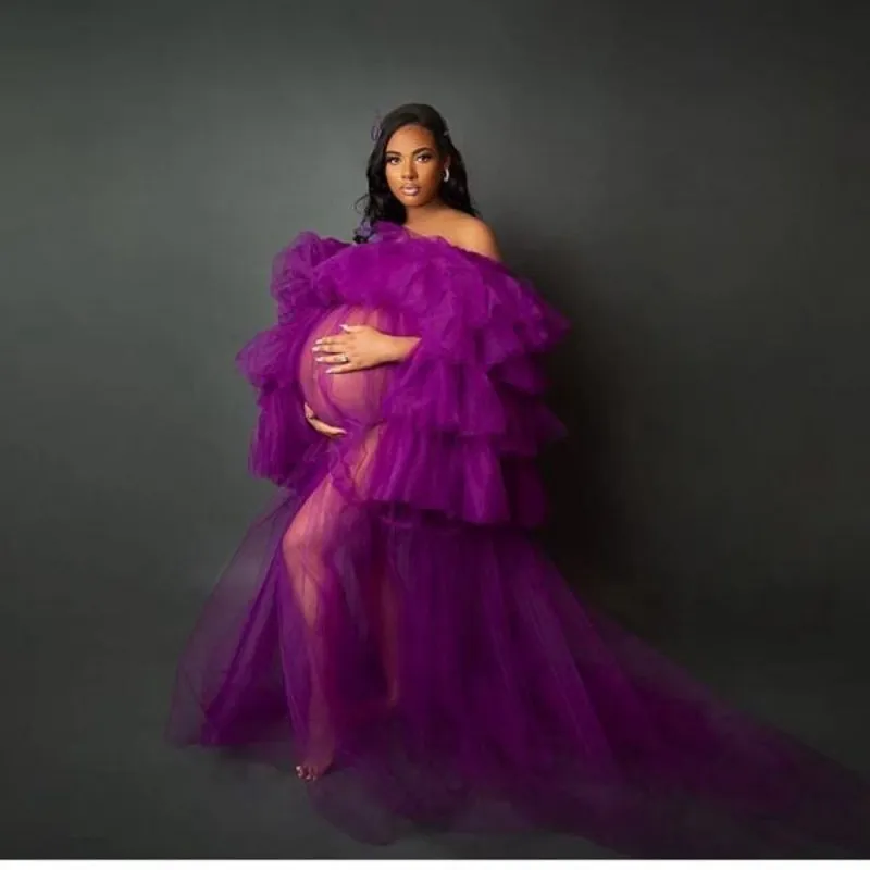 Violet voir à travers les femmes robe de bal hors épaule tulle volants enceinte séance photo robes de soirée, plus la taille robe de soirée manches bouffantes